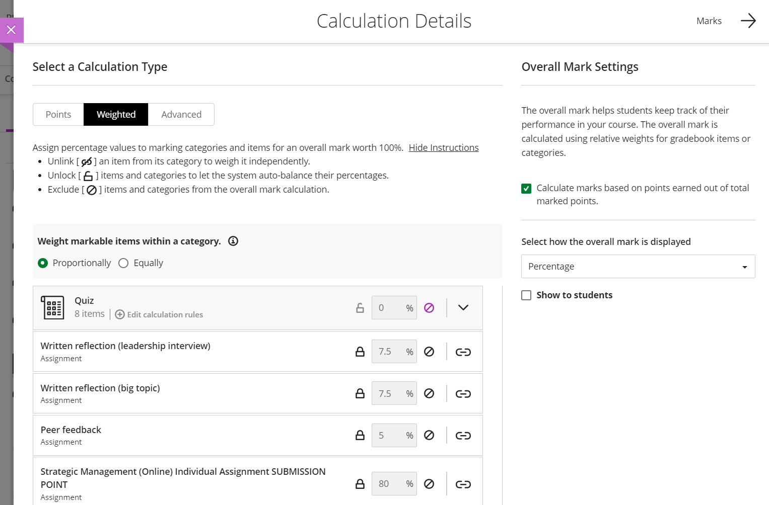 An example of 'Calculations Details' page with 'Weighted' option selected