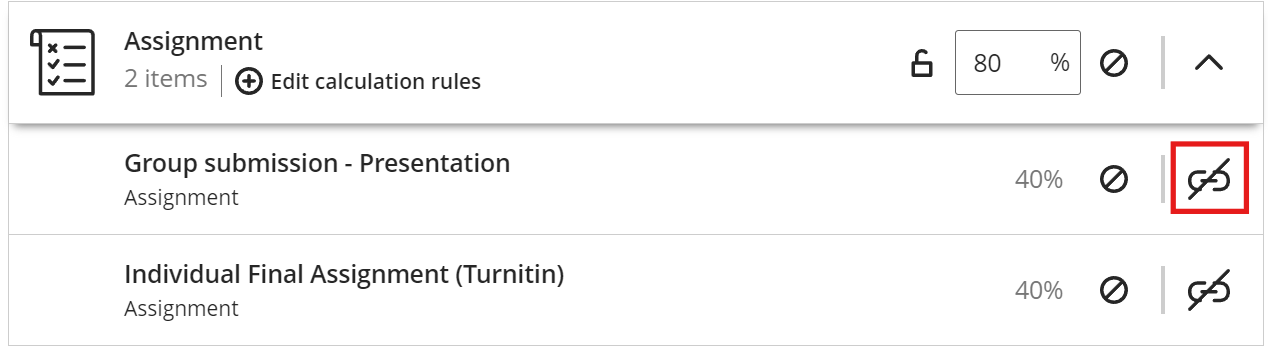 Under the Assignment category the remaining 80% is distributed equally between the 2 assignment items with the unlink icon highlighted,