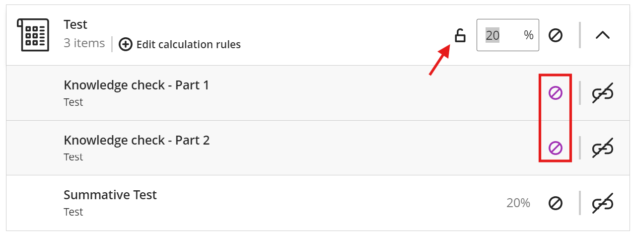 Test category with knowledge checks assessment components excluded and the lock icon to confirm the 20% weighting for summative test.