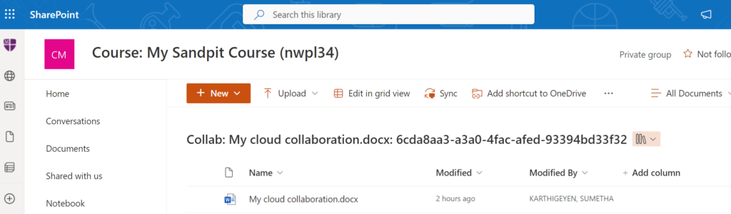 SharePoint private group page for the course with the cloud collaboration document shown