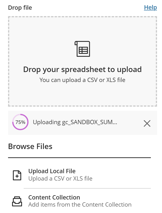 Upload gradebook pane with options to drop the file in the designated area or browse to locate