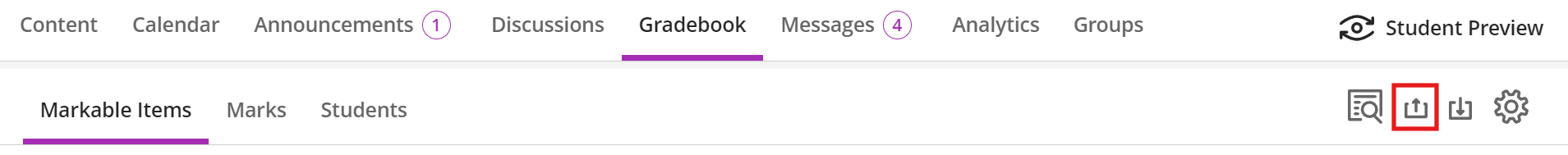 Gradebook page view with the 'Upload Gradebook' icon highlighted
