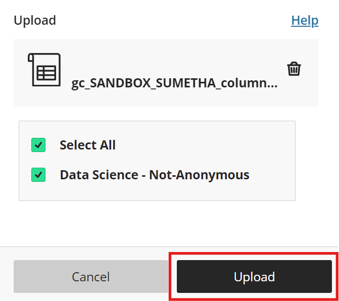 Upload gradebook pane with CSV file uploaded and Upload button highlighted