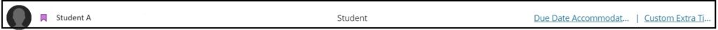 Screenshot of a student line in the Class Register showing the purple Accommodations flag and the links to both the Due Date Accommodation and Custom Extra Time Accommodation.