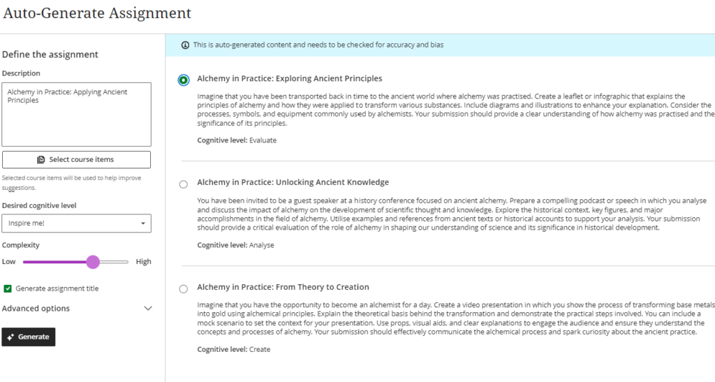Auto-Generate assignment and once generated apply which one you need - note you can alter the text to suit if you wish.