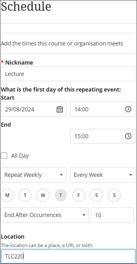 Screenshot showing Schedule window with Name, date of first session, start time, end time and repeating weekly for 10 weeks added to the recurring details box.