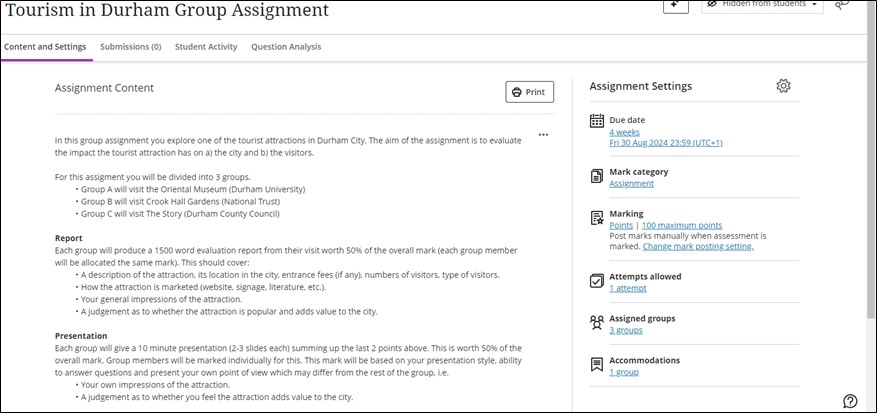 Screenshot showing a group assignment on the left and settings on the right.