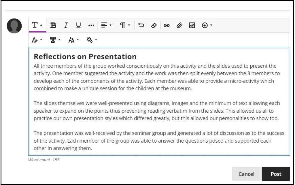 Screenshot showing a journal post in progress, the Post button is active but has not been pressed yet.