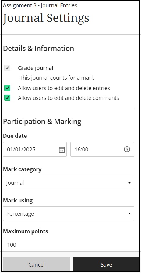 Screenshot showing the Journal Settings. The Grade Journal box and Allow users to edit and delete entries is ticked. The Due date and time has been added, the Mark category is Journal, it is Marked using a percentage.