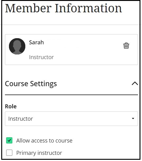 Screenshot showing Member Information window showing the role as instructor and the check box for Primary Instructor below.