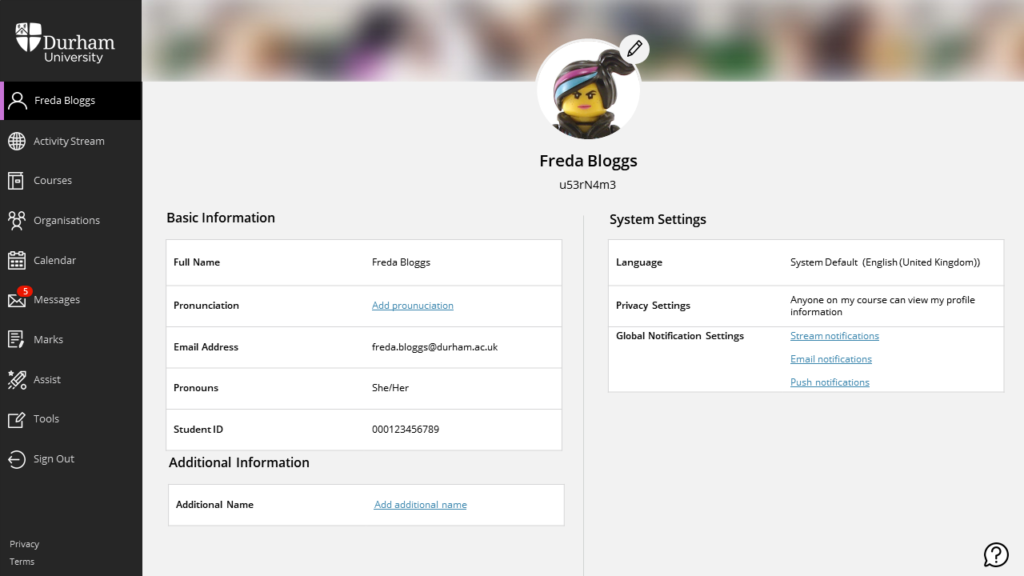 Blackboard Profile page