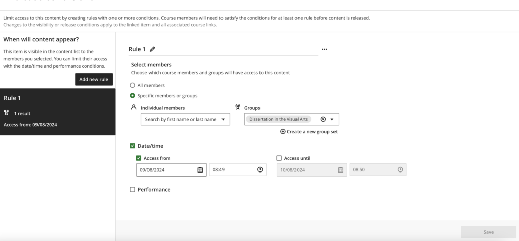 A screenshot of the Blackboard Release Conditions interface
