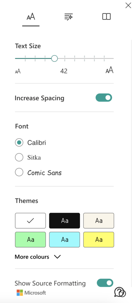 The configuration settings in the Immersive Reader