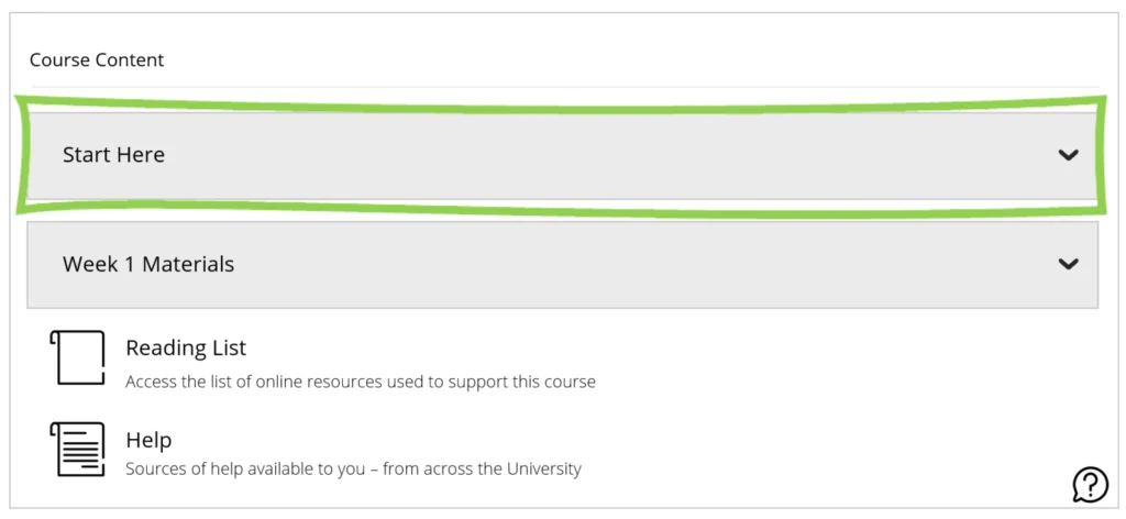 View of the Course content page in Blackboard