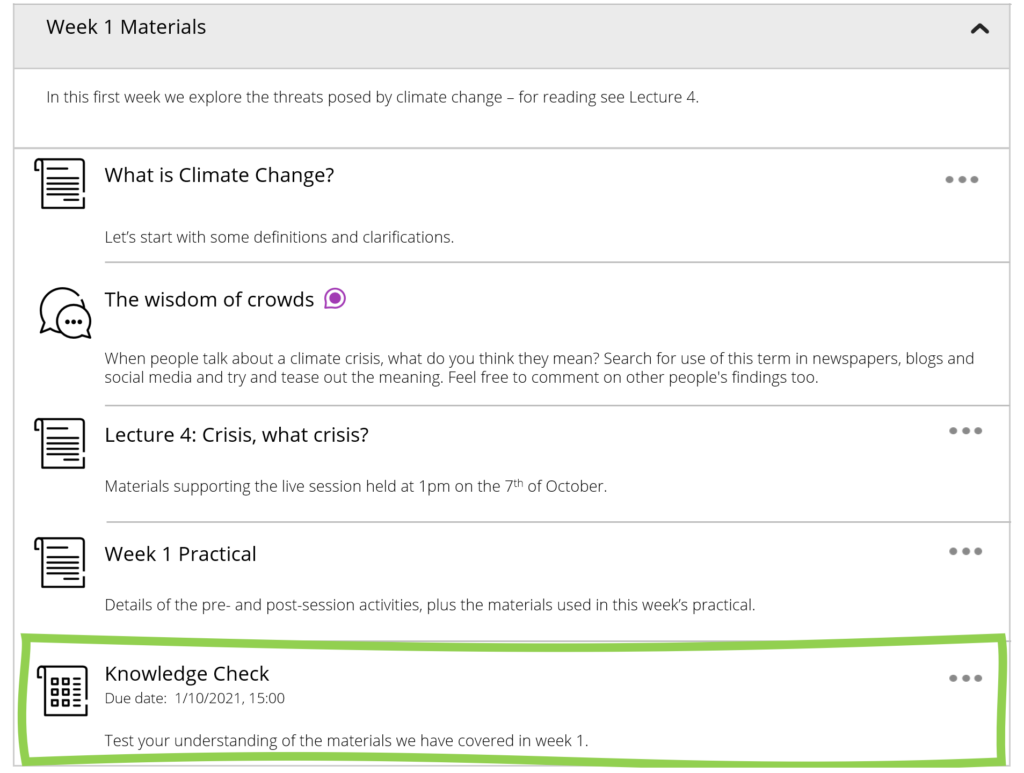 Course content page showing the location of a test.