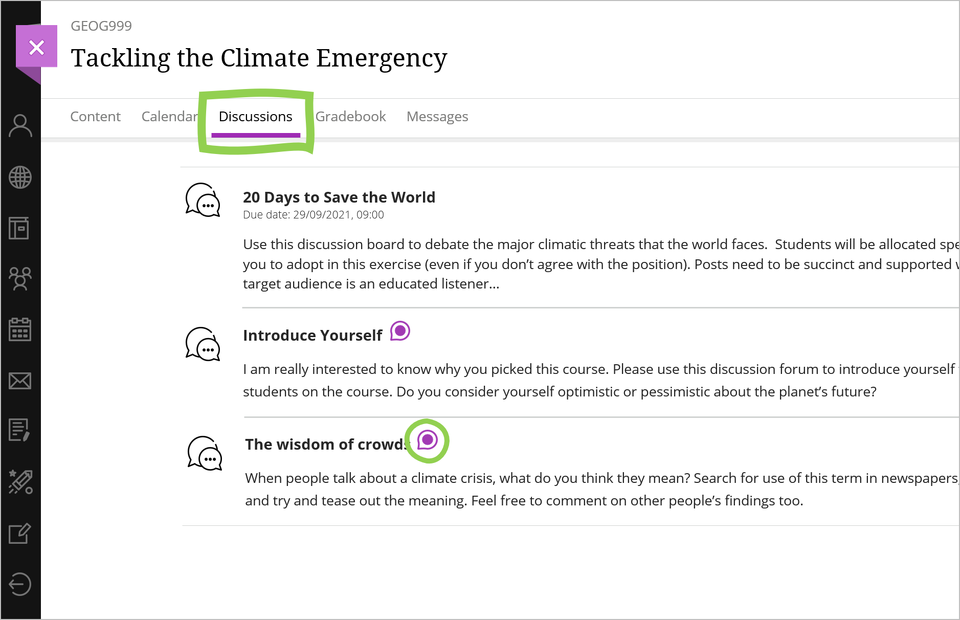 Discussions page by clicking on Discussions from top navigation bar showing all discussions in the course