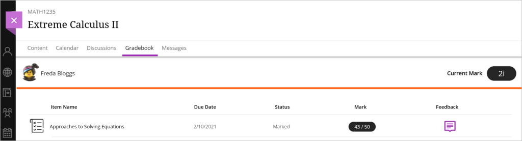 Student gradebook view showing the Mark and Feedback for an assignment.