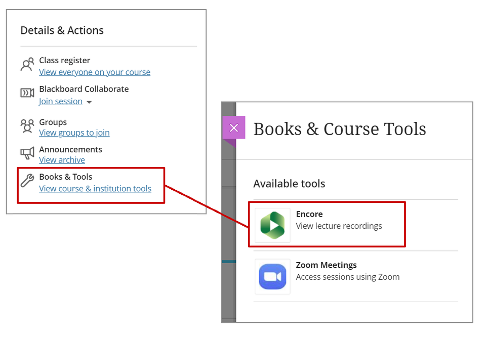 The process of locating the Encore tool within Books and Tools