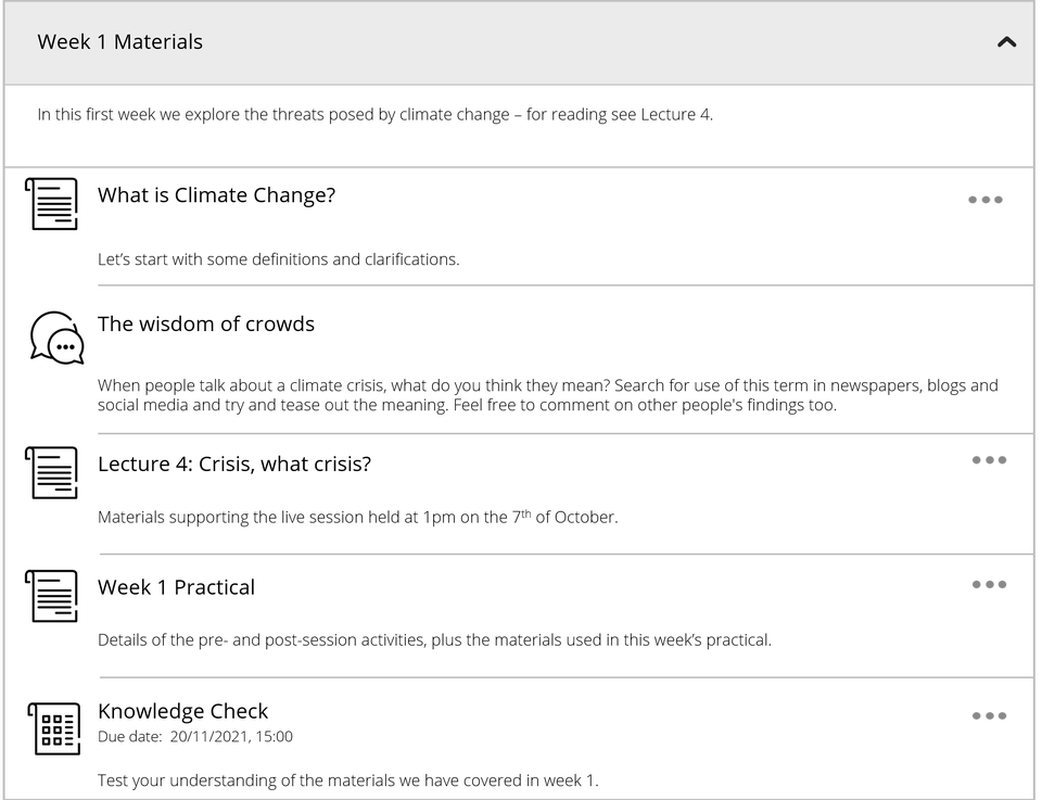 A learning module showing content items within it indicating an order.