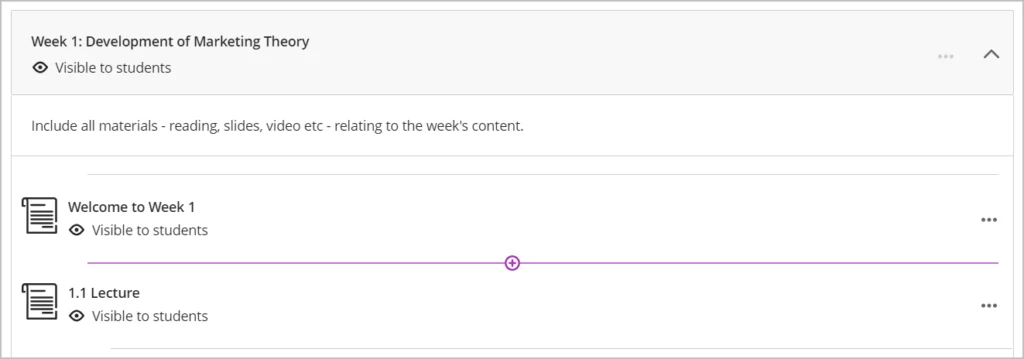 Screenshot showing the purple plus sign visible between two seperate content items enabling a new content item to be added at that location.
