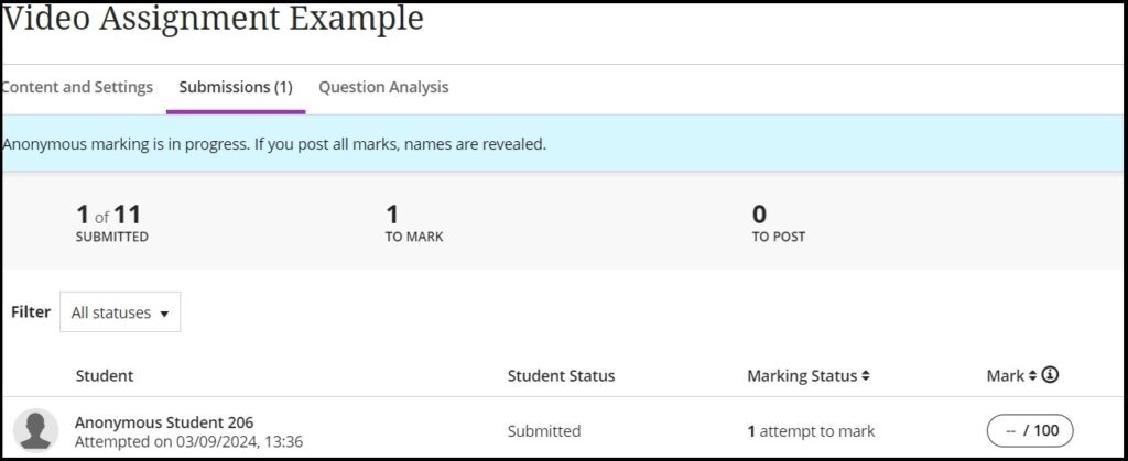 Screenshot showing anonymous student in the submissions folder.
