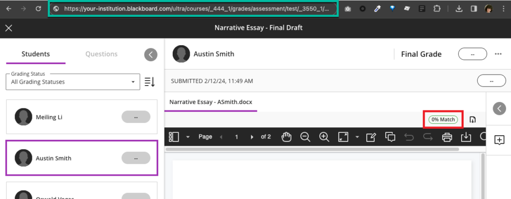 View of the Gradebook in marking an assignment mode - this shows the Turnitin Match indicator as a percentage.  Click on this icon to open the matching report.