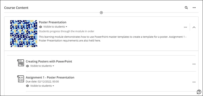Screenshot of a learning module which is visible to students, has a title, description and image. It is expanded to reveal items within that learning module.