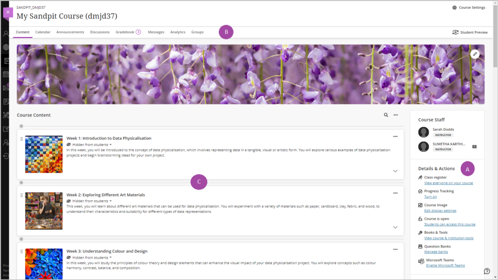 Screenshot showing course content area with a number of learning modules with images, titles and descriptions.