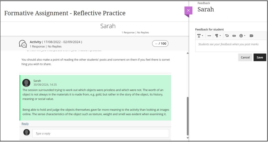 Screenshot showing student discussion post, mark lozenge and feedback box for written feedback.