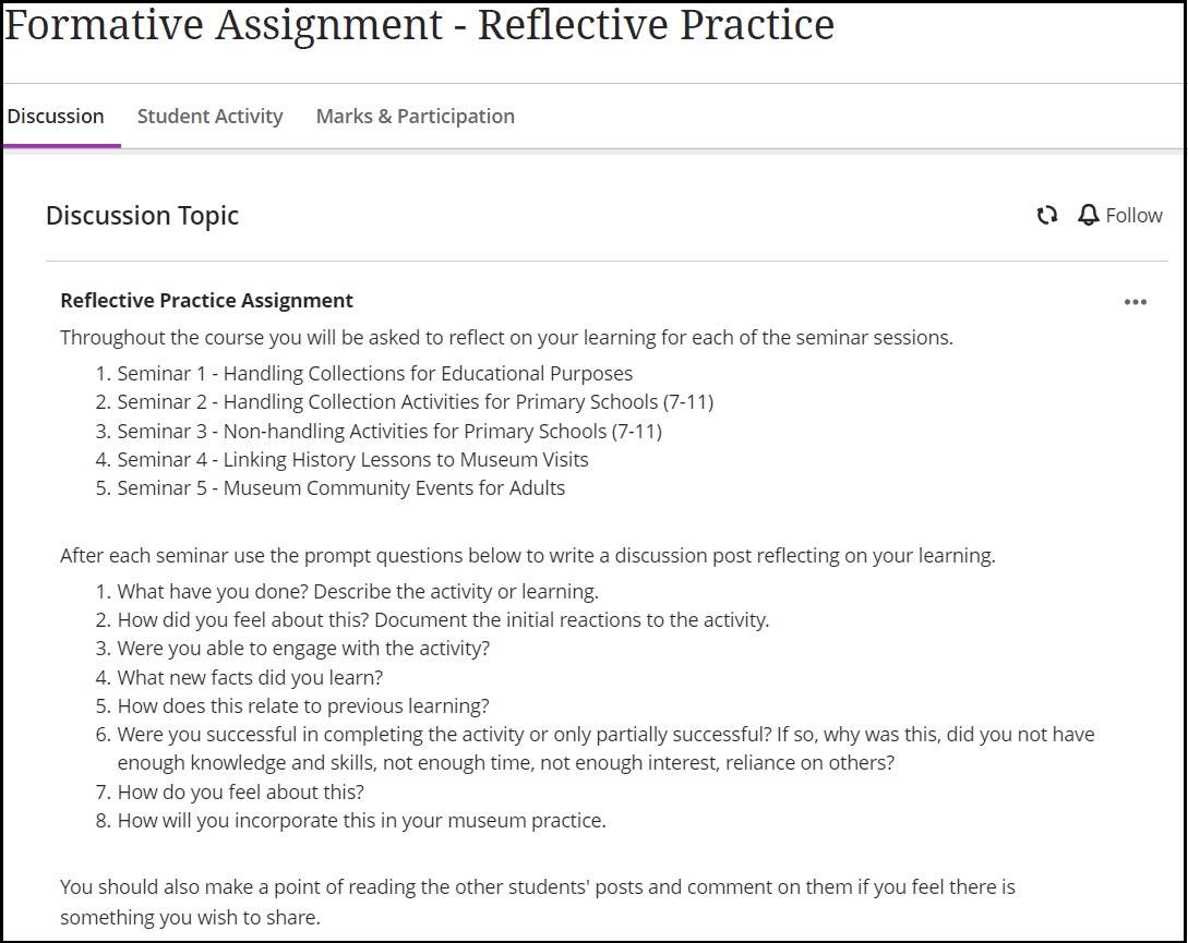 Screenshot showing Discussion Topic with details of the posts required by participants. Section 1 lists the 5 seminars, section 2 includes a list of prompt questions and section 3 instructs the students to comment on other posts.