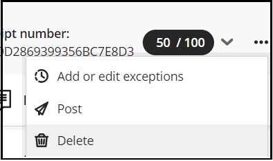 Screenshot showing the additional options on the ellipses next to the grade. These include add or edit exceptions, post grade and delete.