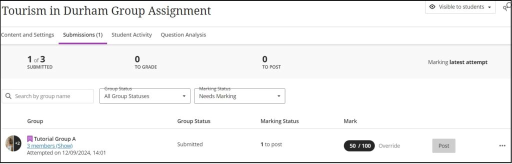 Screenshot showing group submission which has been marked showing group has achieved 50/100.