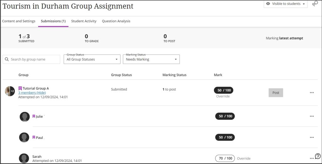 Screenshot showing group marks with one mark being changed for an individual within a group.
