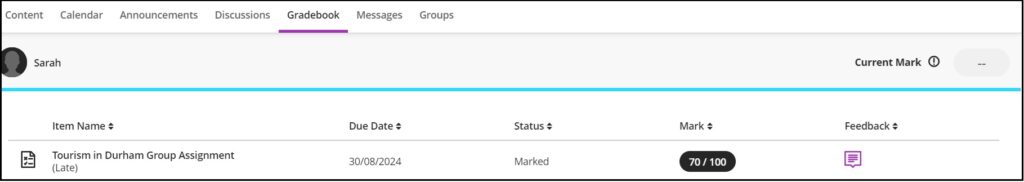 Gradebook showing posted mark for student and feedback icon.