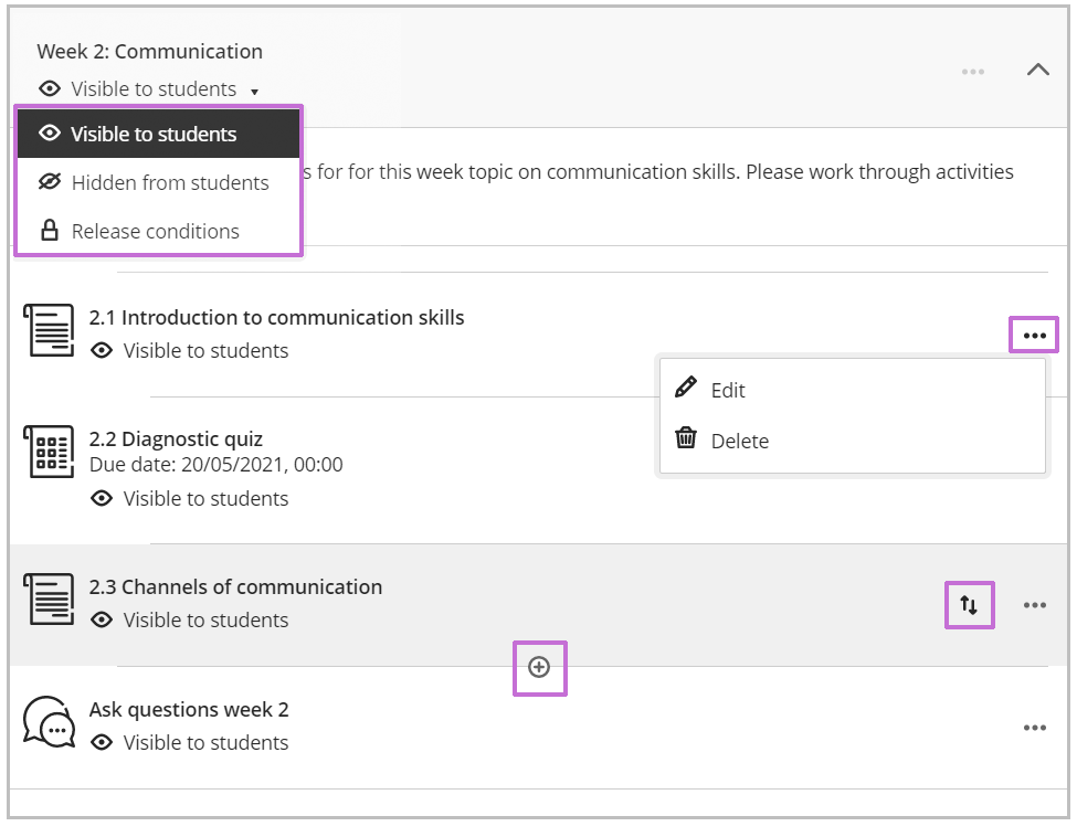 Screenshot of a learning module showing visibility options and a document, test and discussion with edit options visible.