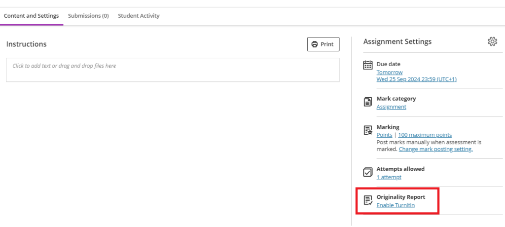 Assignment options showing the Enable Turnitin option under Originality Report