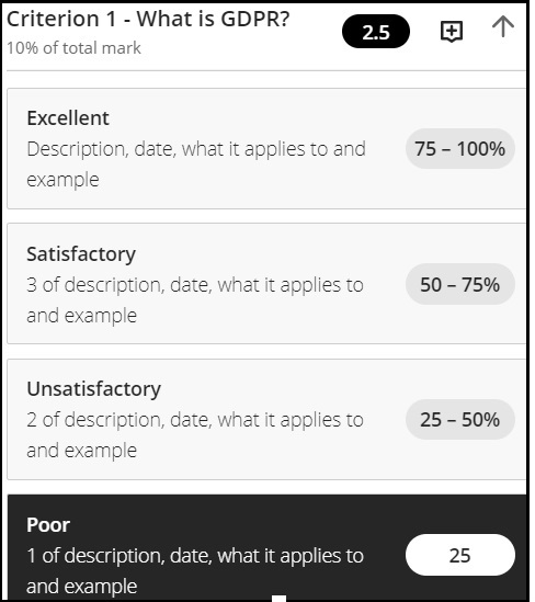 Screenshot showing marking using rubric with descriptions showing for each band.