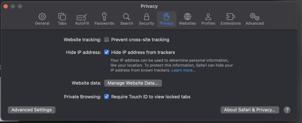 Safari settings showing the option to turn off the option to prevent cross-site tracking
