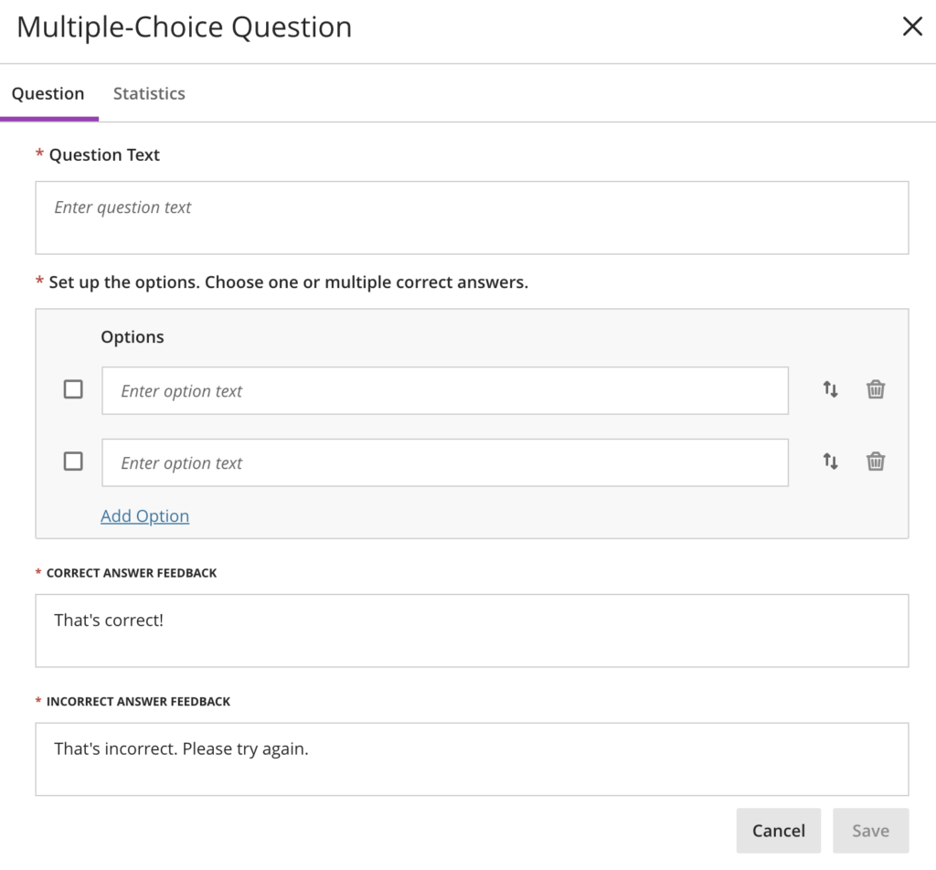 A knowledge check in Blackboard. A simple interface to add a single multiple choice question with feedback for correct and incorrect answers