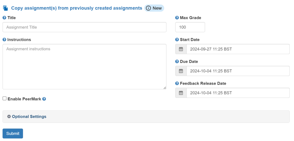 Turnitin Assignment settings showing options to set Title, Instructions, Max Grade, Start Date, Dur Date, Feedback Release Date