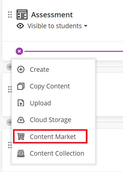 Click the plus icon in the Course Content Area and select Content Market option. 