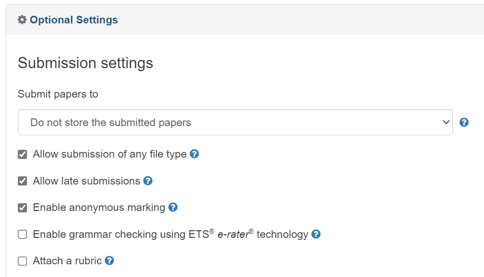 Turnitin Optional settings  - Submission settings