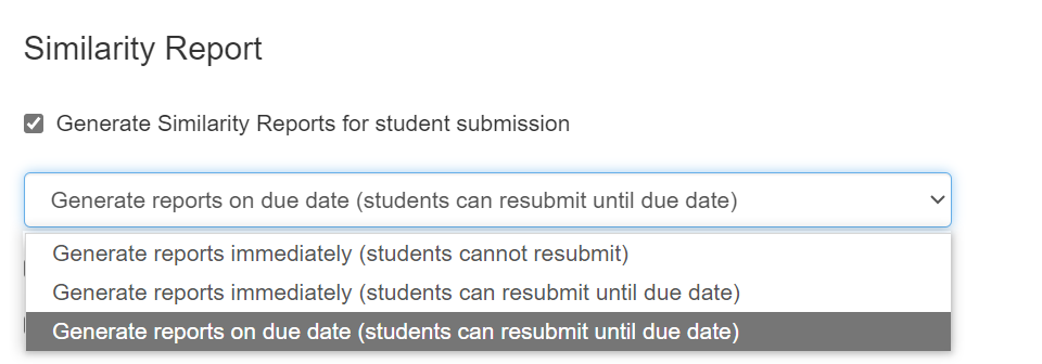Similarity Report generation options