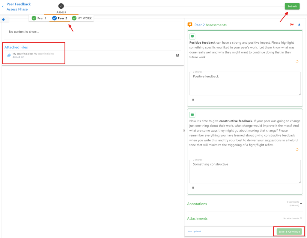 Assess phase with file attachment on the left of the screen highlighted and on the right peer assessment section with questions - Save & Continue at the bottom right of the screen highlighted. 