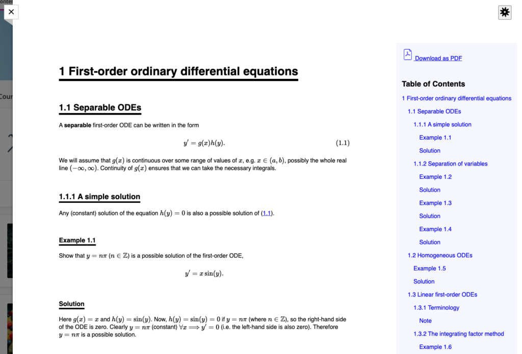 Maths lecture notes displayed in HTML as a web page