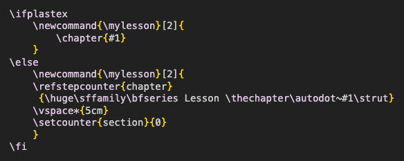 a LaTeX conditional statement describing how to treat code based on whether it's rendering it for HTML or PDF output