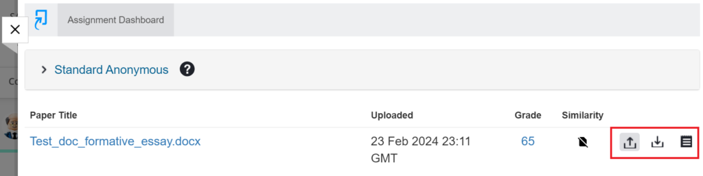 View of entry in Turnitin inbox showing the grade for the submission as well as download file and download receipt options.