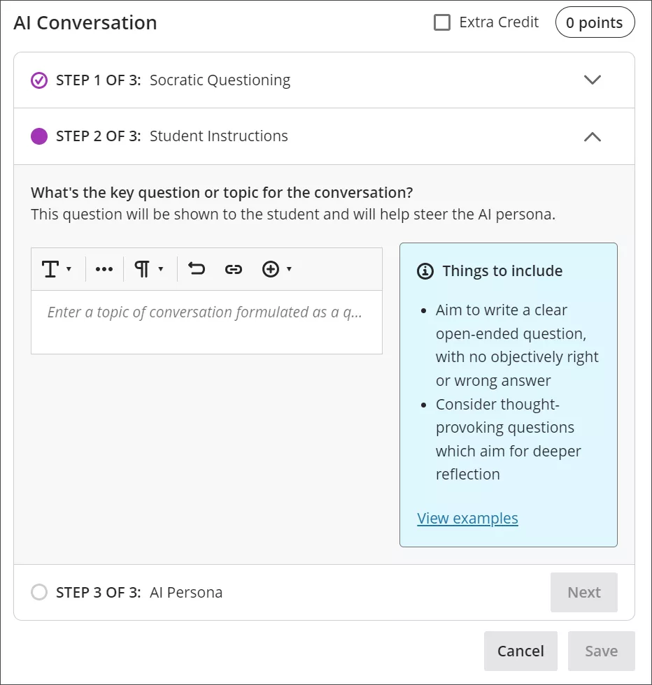 Socrative Questioning setup showing step 2 student instruction text box and tips.