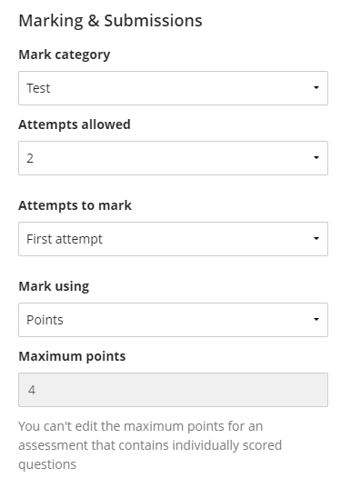 Marking & submissions section showing the set up with 2 attempts allowed with first attempt to be marked