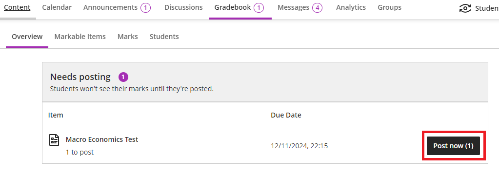 Gradebook page, under the Overview  tab, the test shows ready to post 1 mark highlighted